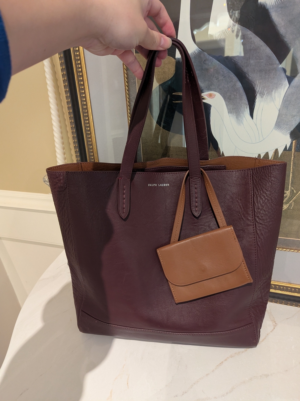 Ralph Lauren Collection Burgundy Leather Tote with Tan Pouch